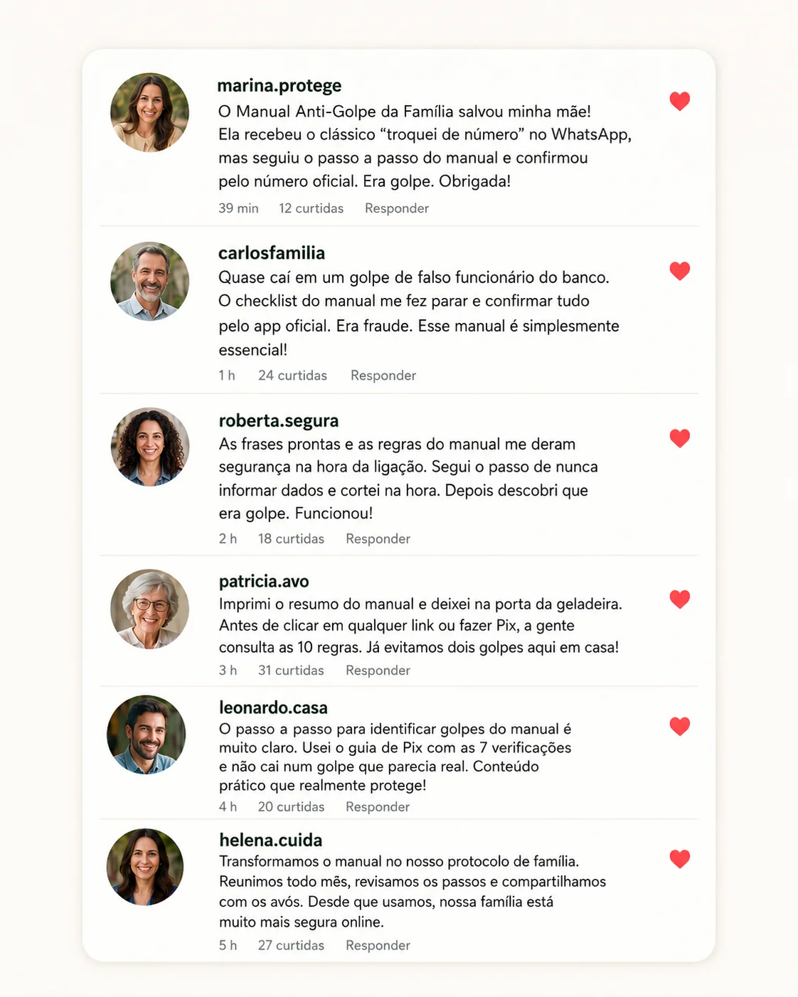 Seis depoimentos reais de leitores do Manual Anti-Golpe da Família mostrando como evitaram golpes.